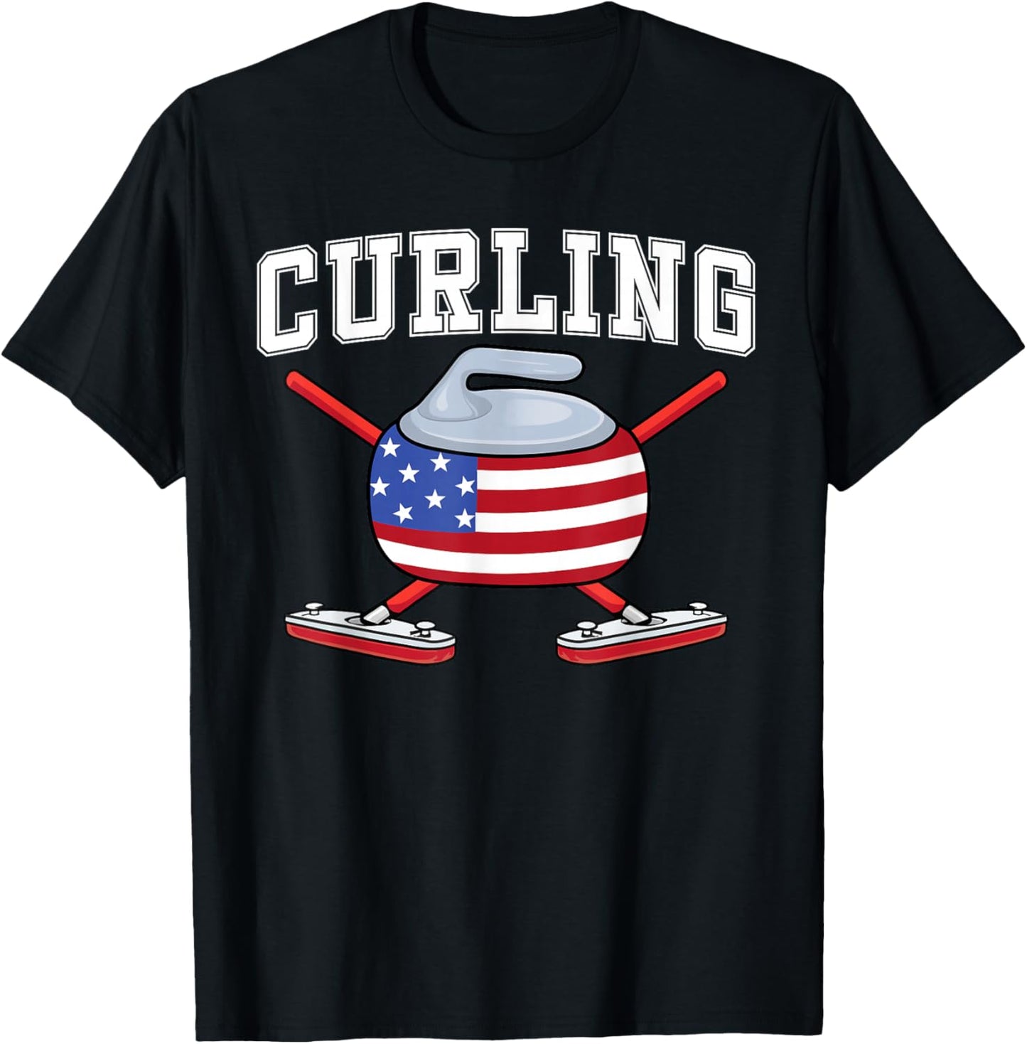 Winter Ice Sports US Curler Broom American Flag Curling Fan T-Shirt - T-Shirt | Black
