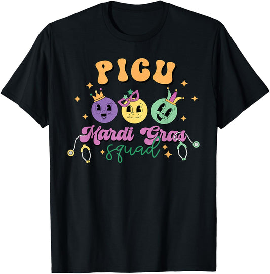 PICU Nurse Mardi Gras Carnival Pediatric ICU Nurse Nursing T-Shirt - T-Shirt | Black