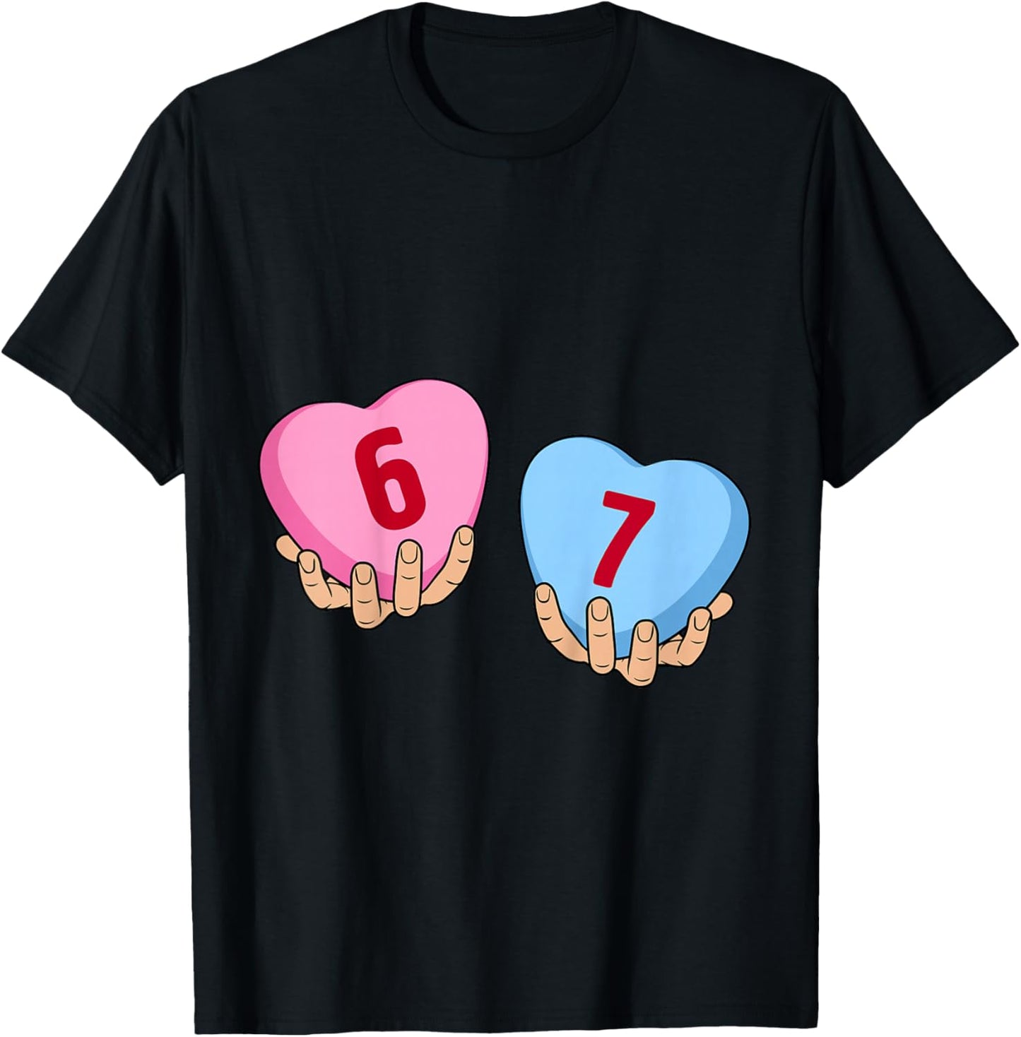 Kids Hands Holding 6 7 Hearts Funny Valentine's Day Giant Candy T-Shirt - T-Shirt | Black