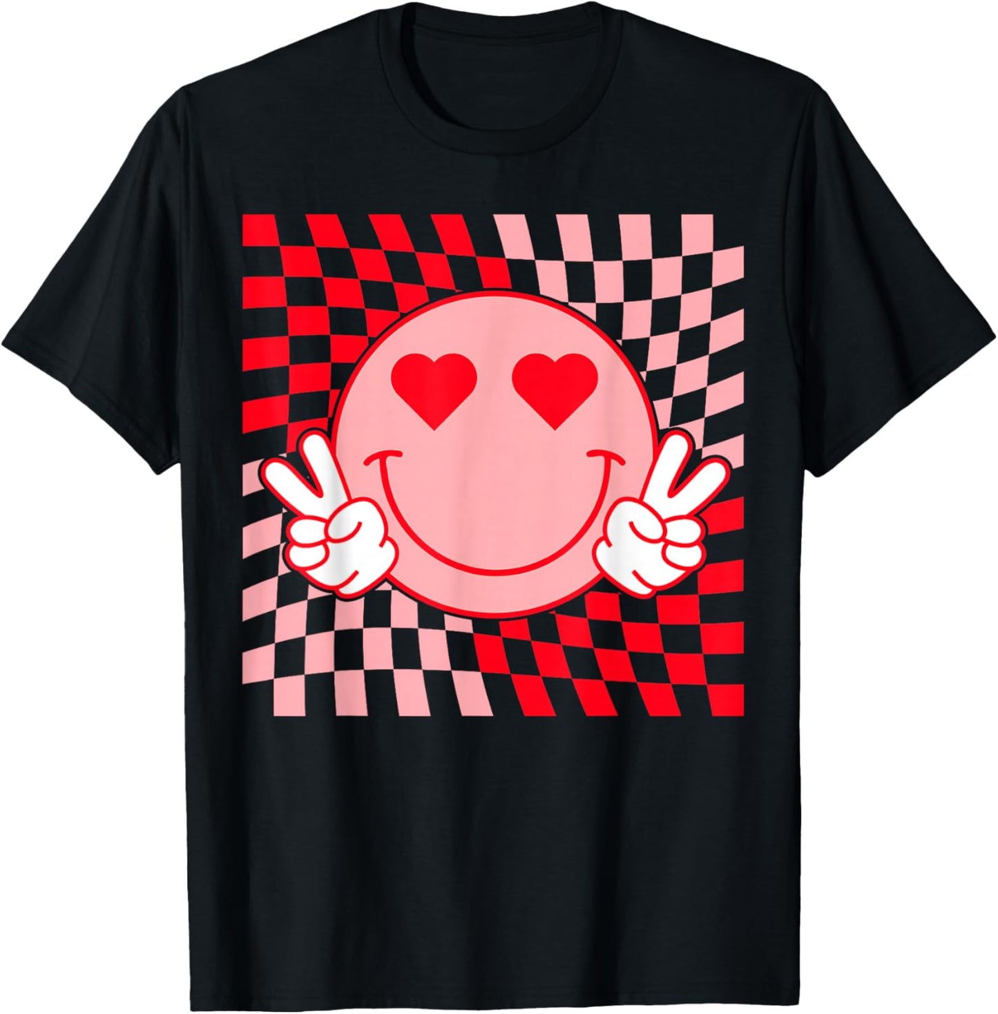 Retro Checkered Smile Face Hearts Valentine Funny Trendy T-Shirt - T-Shirt | Black