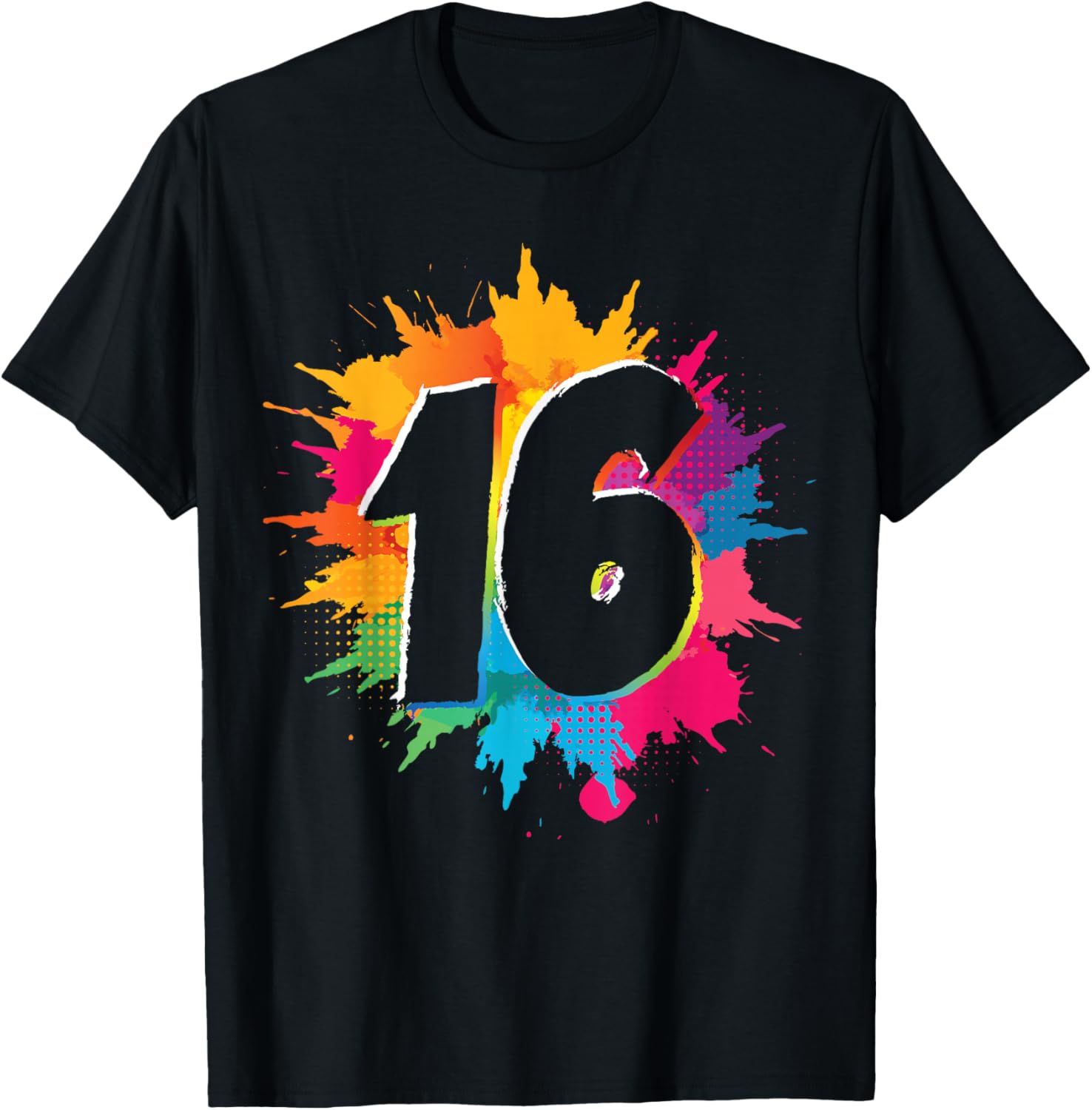 16th Birthday Colorful Paint Splashes 16 Year Old Girls Boys T-Shirt - T-Shirt | Black