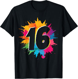 16th Birthday Colorful Paint Splashes 16 Year Old Girls Boys T-Shirt - T-Shirt | Black