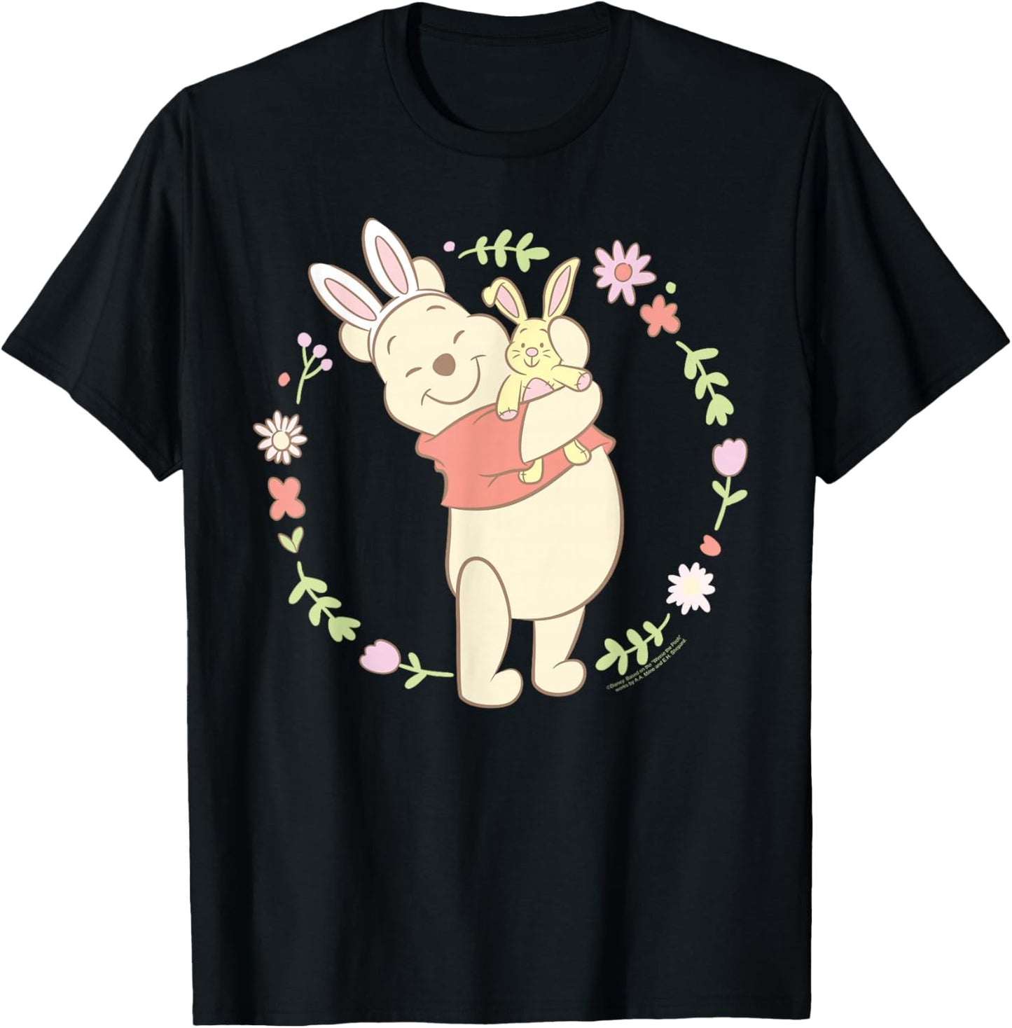 Disney Winnie The Pooh Easter Bunny Hug Pastel Spring Flower T-Shirt - T-Shirt | Black