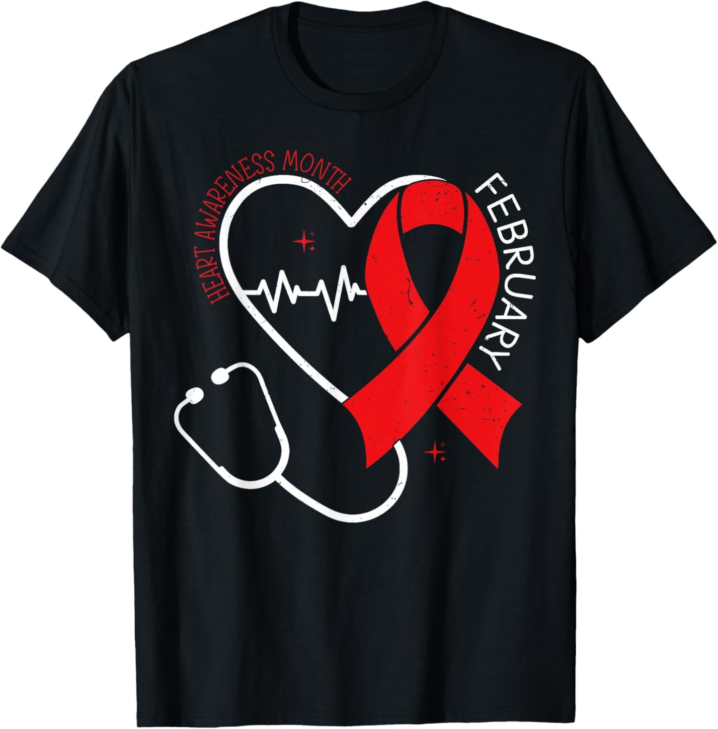 Heart Disease Awareness February Health Red Heart Ribbon T-Shirt - T-Shirt | Black