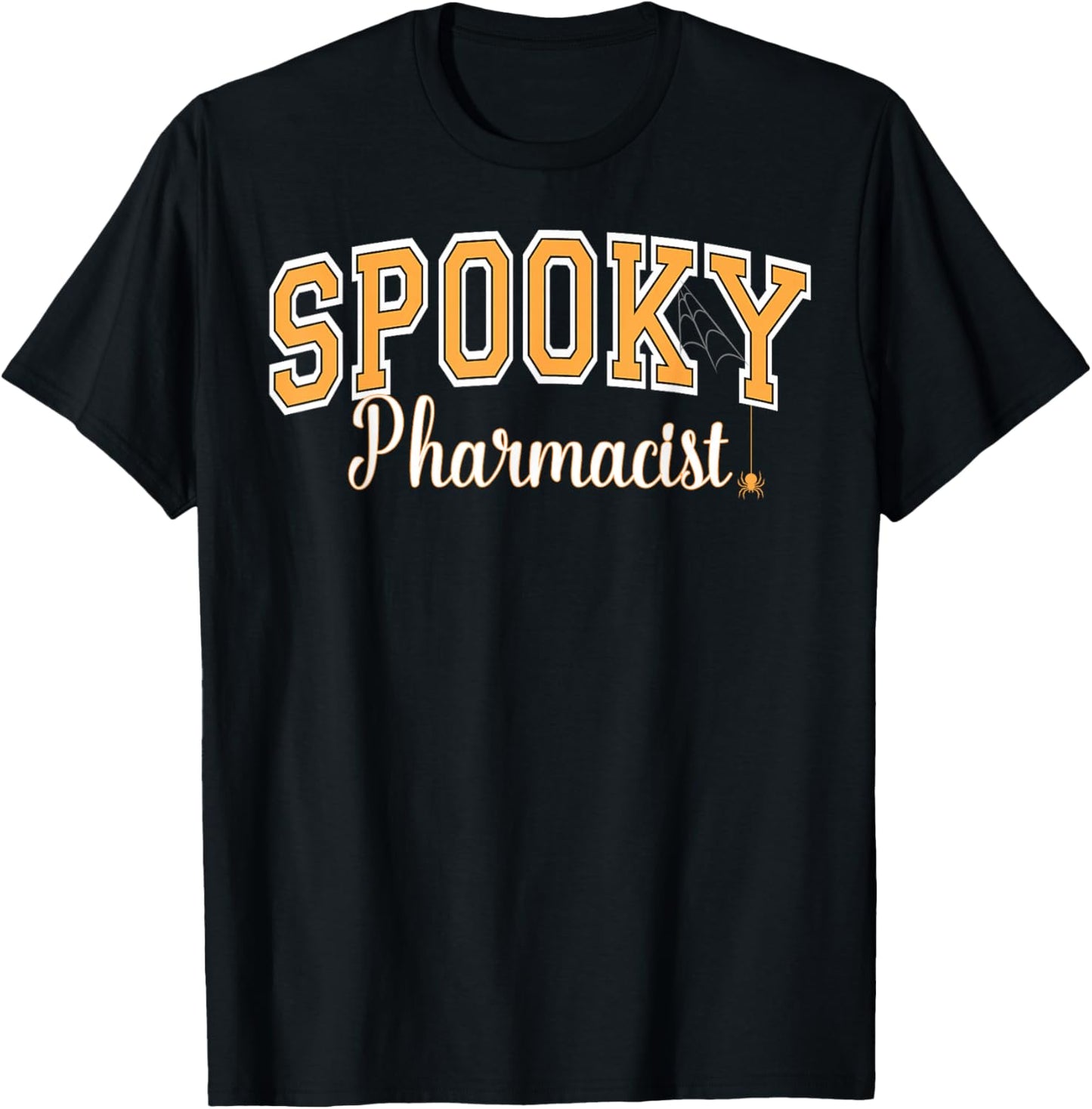 Spooky Pharmacist Halloween Spider Varsity Orange Letters T-Shirt - T-Shirt | Black