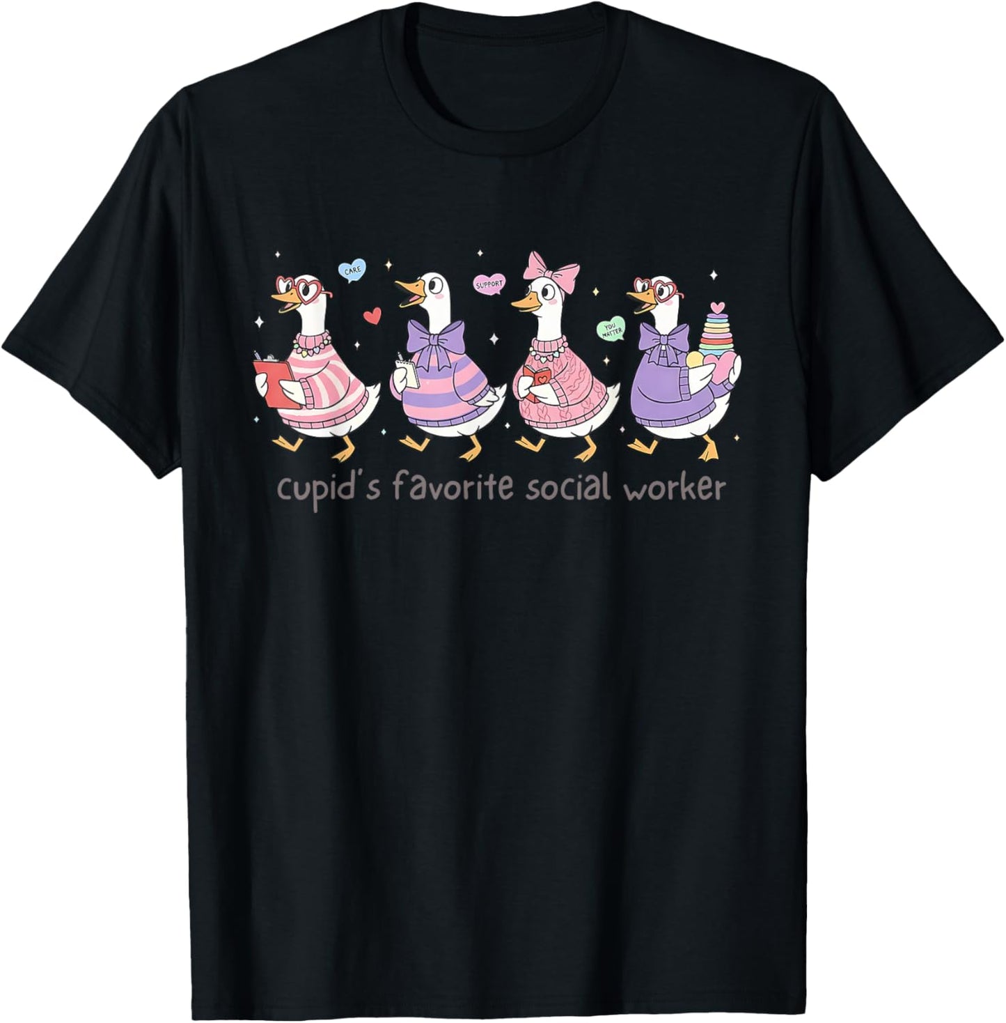 Cupid's Favorite Social Worker Cute Goose Valentines Day MSW T-Shirt - T-Shirt | Black