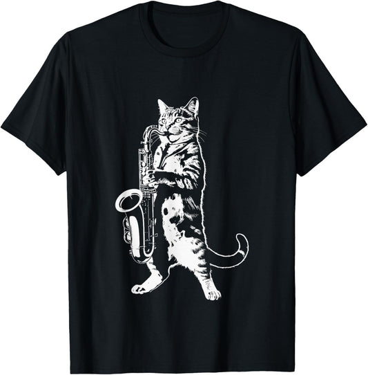 Cat Playing Saxophone Music Jazz Animal Lover T-Shirt - T-Shirt | Black