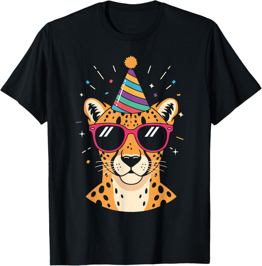 Cute Cheetah Wearing Party Hat Sunglasses Birthday Animal T-Shirt - T-Shirt | Black