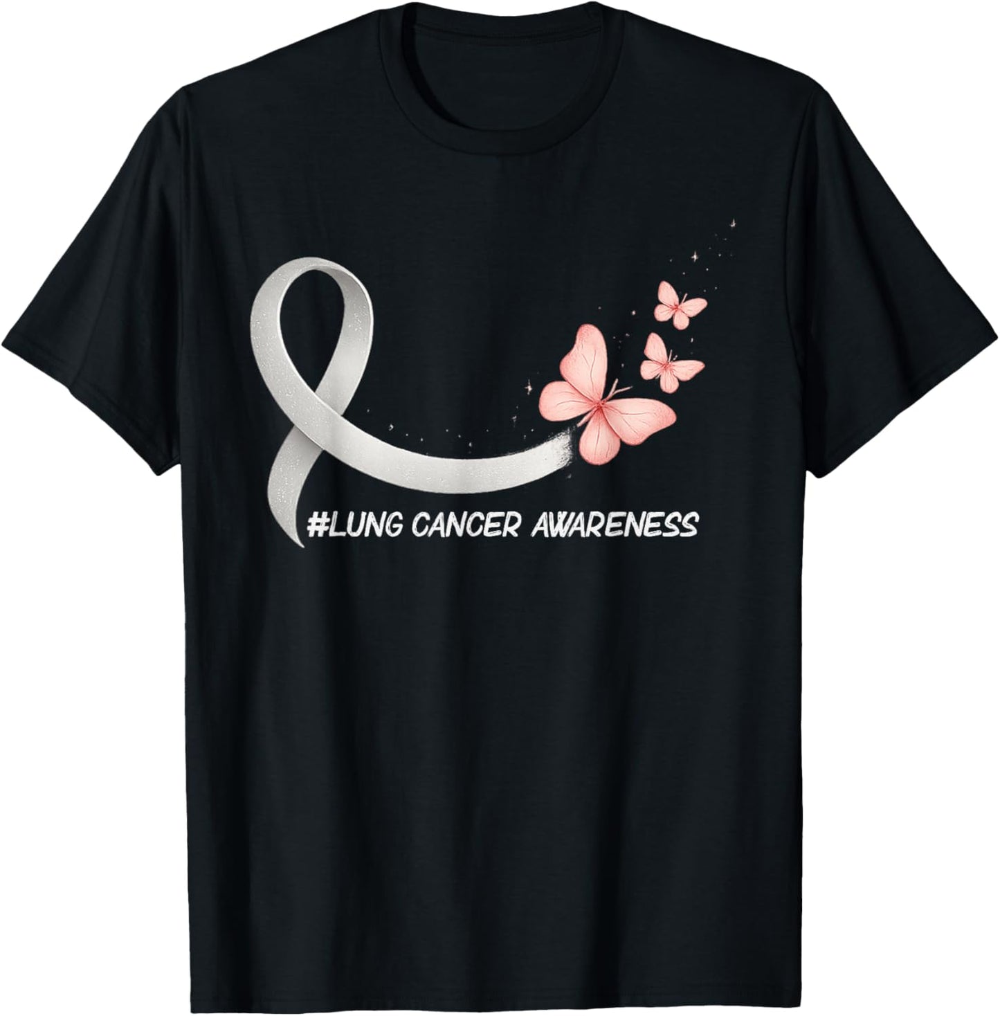Lung Cancer Awareness Butterfly White Ribbon Support T-Shirt - T-Shirt | Black