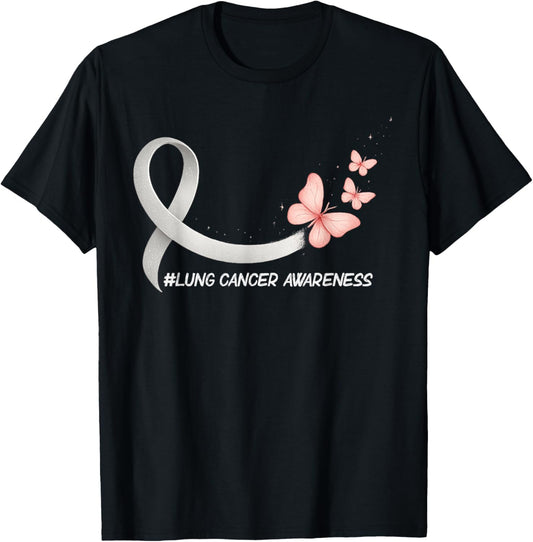 Lung Cancer Awareness Butterfly White Ribbon Support T-Shirt - T-Shirt | Black