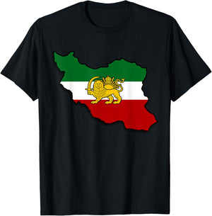 Iran Map Lion and Sun Persian Pahlavi Flag T-Shirt - T-Shirt | Black