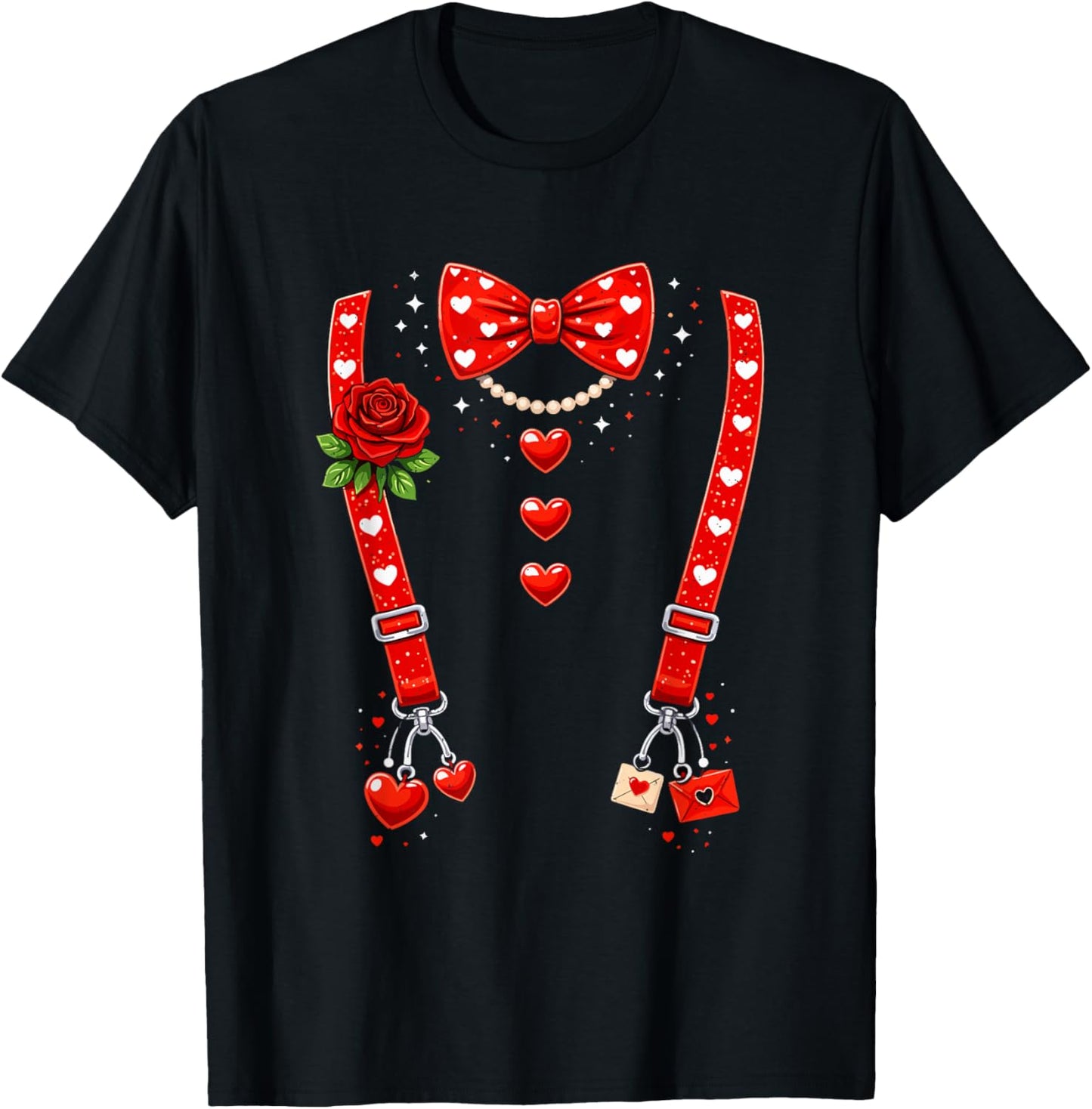 Valentines Day Red Hearts Bow Tie Funny Suspender Couple T-Shirt - T-Shirt | Black