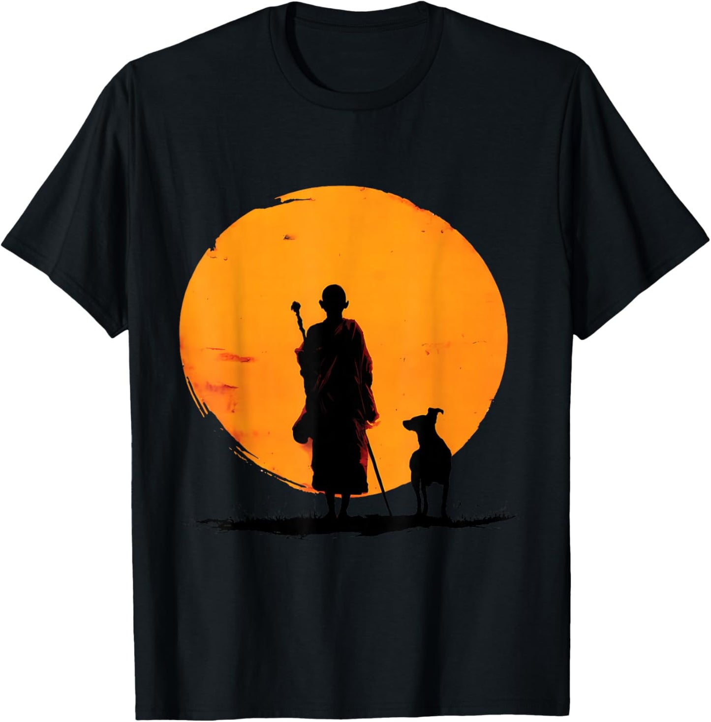 Retro Peace Walking Monks & Dog Minimalist Zen Art Graphic T-Shirt - T-Shirt | Black