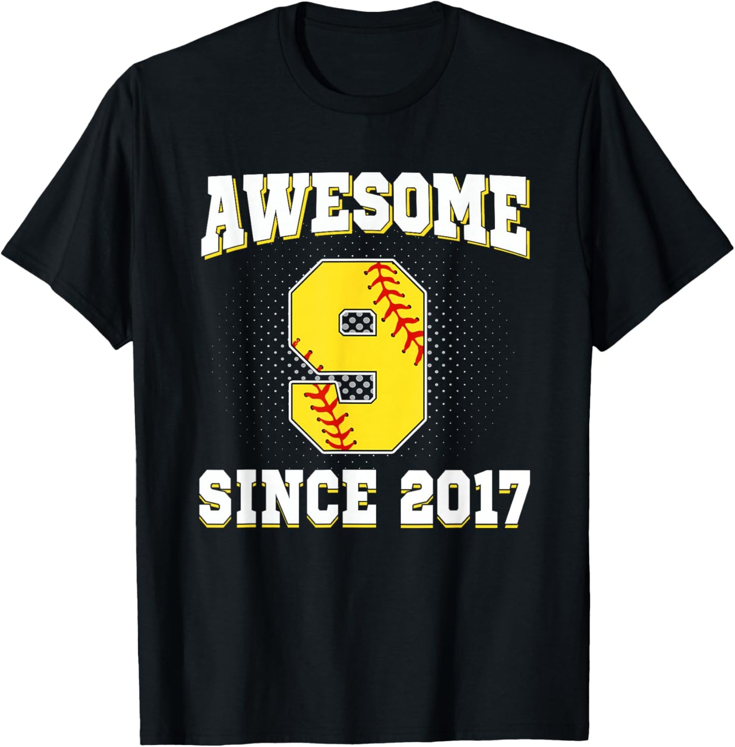 9th Birthday Softball 9 Years Old Awesome Since 2017 T-Shirt - T-Shirt | Black