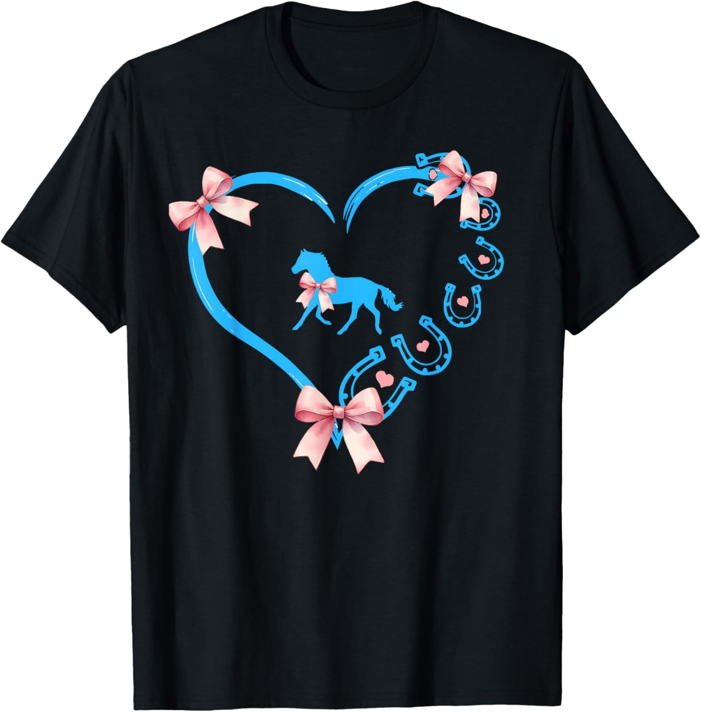 Cute Horse Girl Coquette Blue Bow Heart Horseshoe Equestrian T-Shirt - T-Shirt | Black