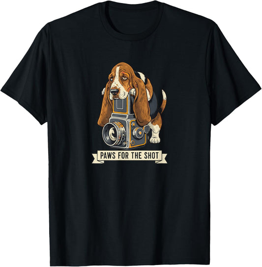 Cute Basset Hound Photography Paws for The Shot Pun Photo T-Shirt - T-Shirt | Black