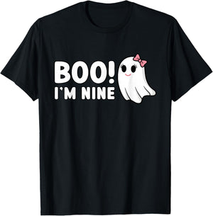 Boo Im Nine Cute 9 Year Old Girl Ghost Halloween Birthday T-Shirt - T-Shirt | Black