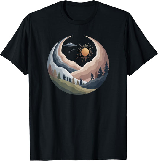 Bigfoot UFO Mountain Art Retro Nature Graphic T-Shirt - T-Shirt | Black