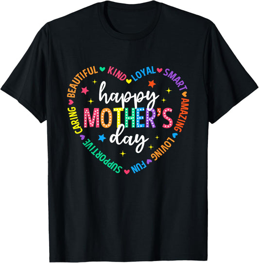 Happy Mother's Day Heart Love Women First Time Mom Grandma T-Shirt - T-Shirt | Black