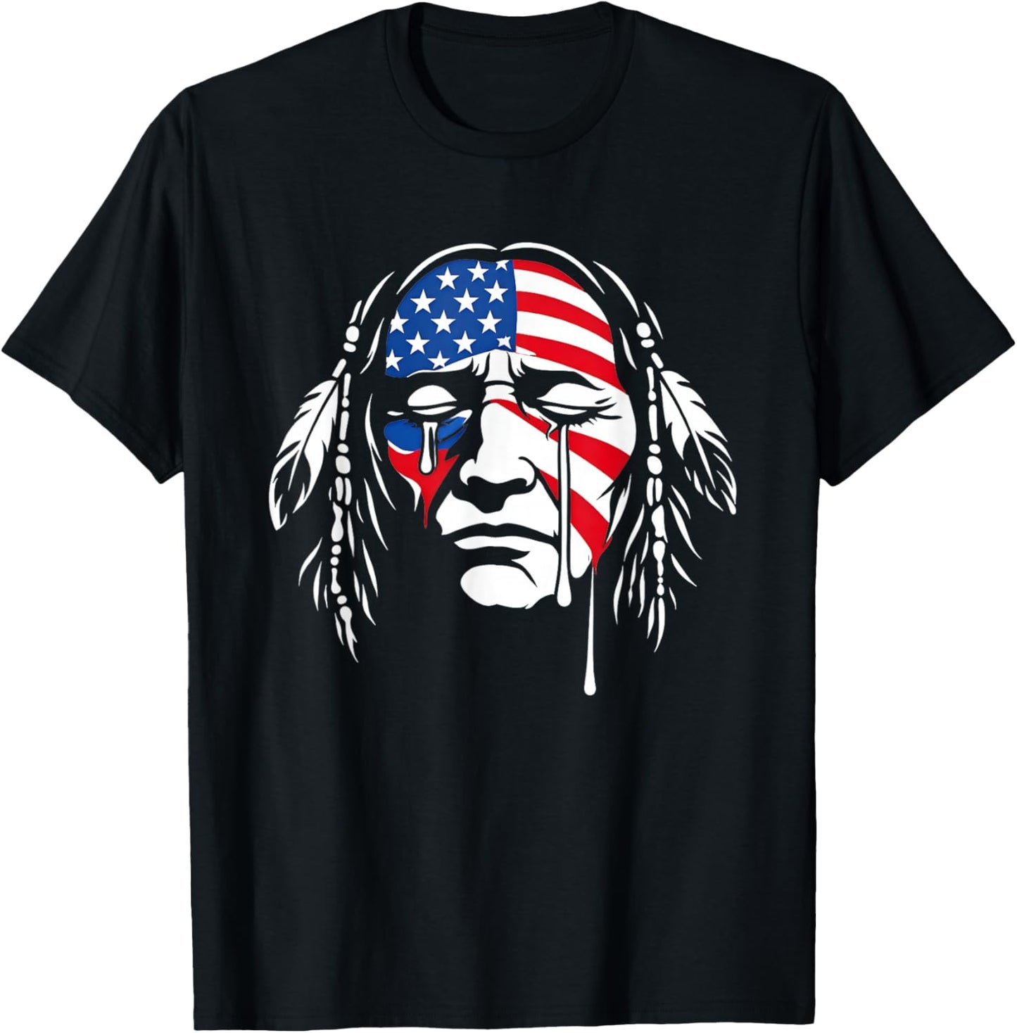 Crying Native American Indian Chief American USA Flag T-Shirt - T-Shirt | Black