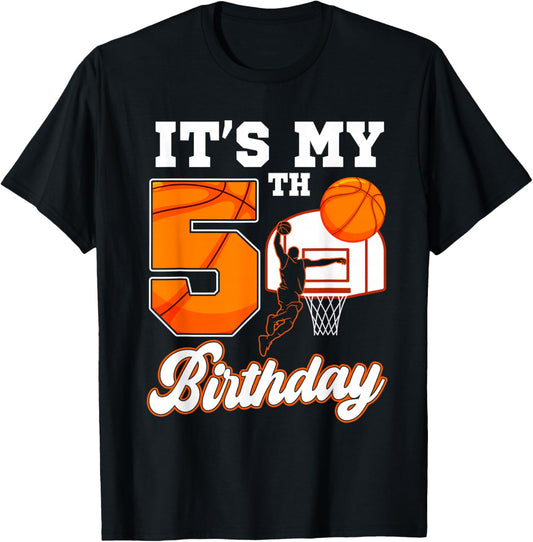 It's My 5th Birthday Basketball Theme 5 Year Old Boy Bday T-Shirt - T-Shirt | Black