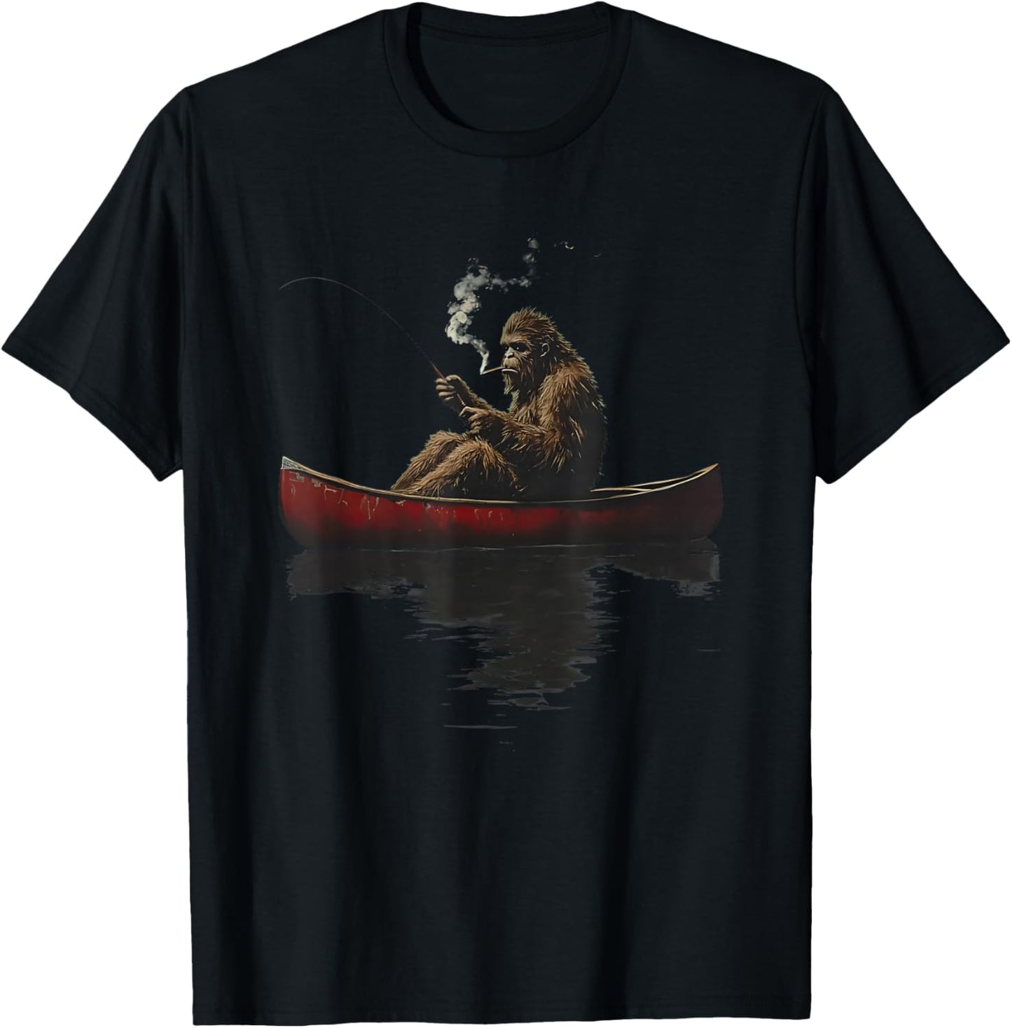 Bigfoot on a red Canoe Fishing Retro Art Print T-Shirt - T-Shirt | Black