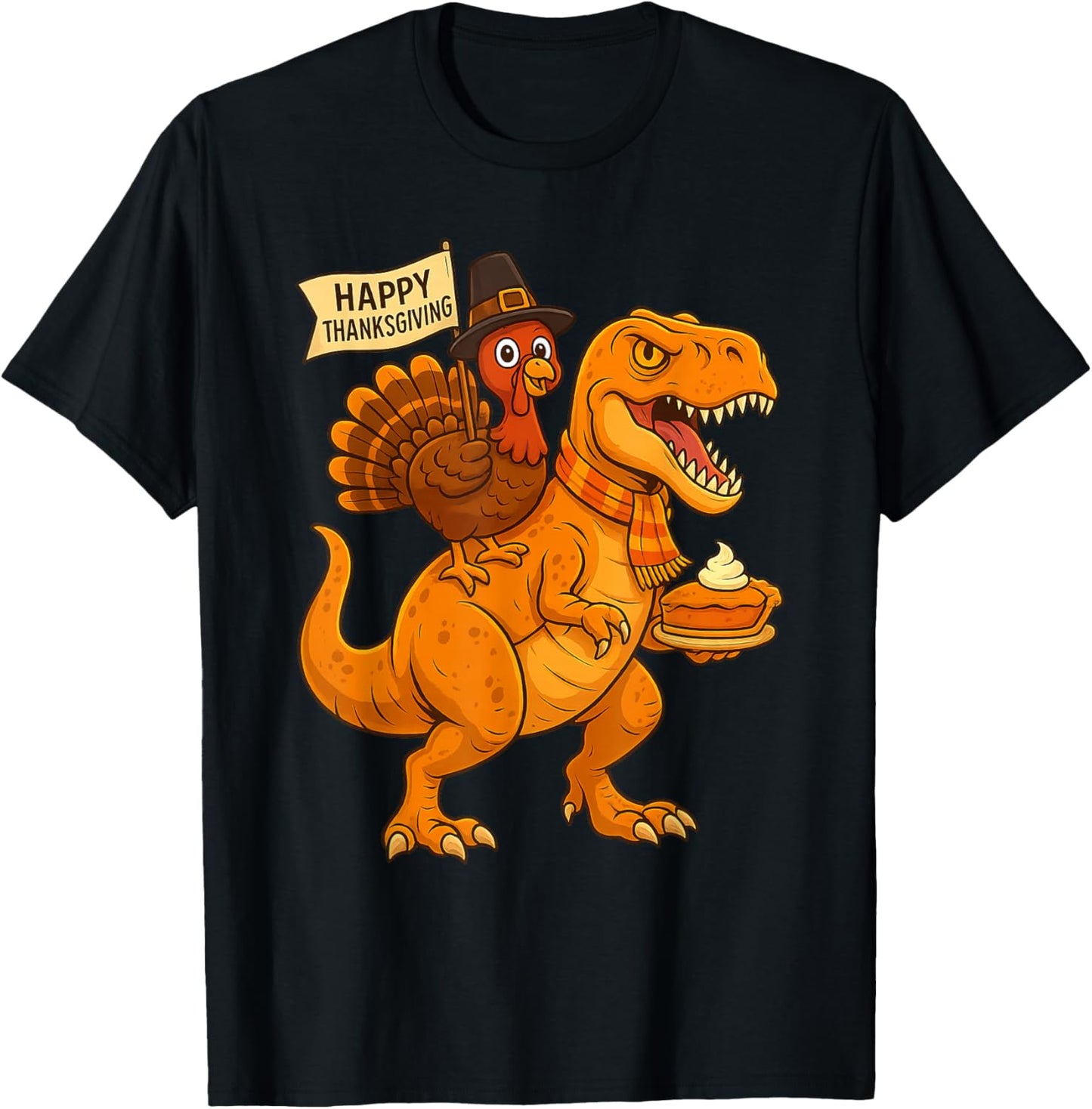 Funny Thanksgiving Dinosaur Turkey Riding T Rex Pumpkin Pie T-Shirt - T-Shirt | Black