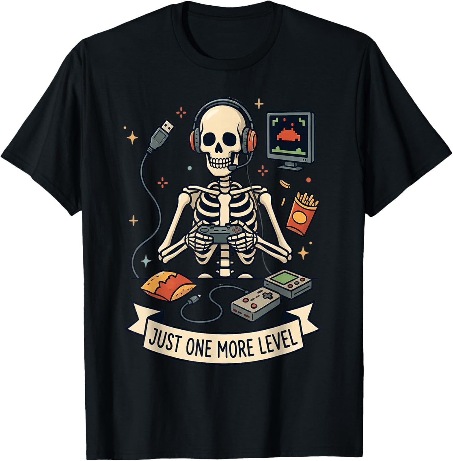 Just One More Level Skeleton Gamer Funny Video Game T-Shirt - T-Shirt | Black