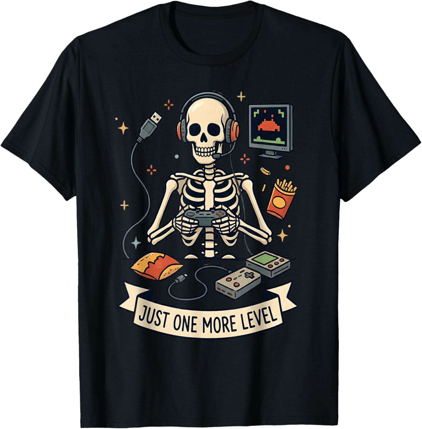 Just One More Level Skeleton Gamer Funny Video Game T-Shirt - T-Shirt | Black