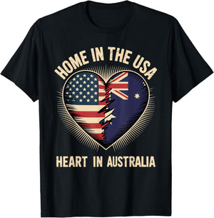 Home in The USA Heart in Australia American Australian T-Shirt - T-Shirt | Black