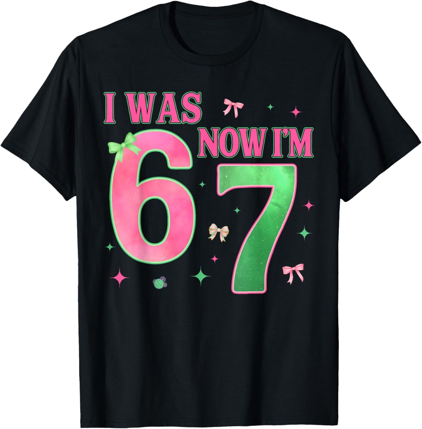 I was 6 Now I'm 7 Year Old Birthday Cute Bow Pink Green Bday T-Shirt - T-Shirt | Black