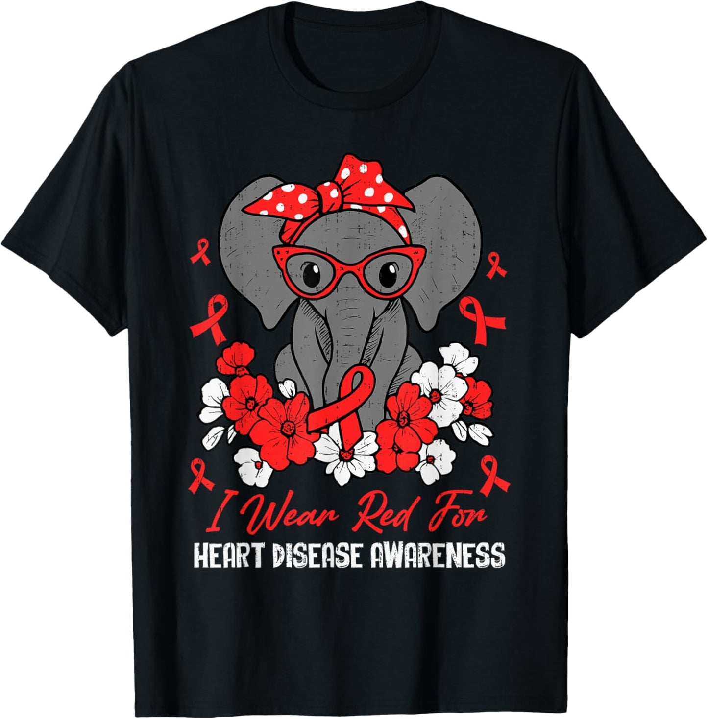 Heart Health Elephant Red Ribbon Heart Disease Awareness CHD T-Shirt - T-Shirt | Black