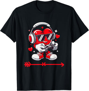 Valentines Day Heart Gamer Video Gaming Boys Men Kids T-Shirt - T-Shirt | Black