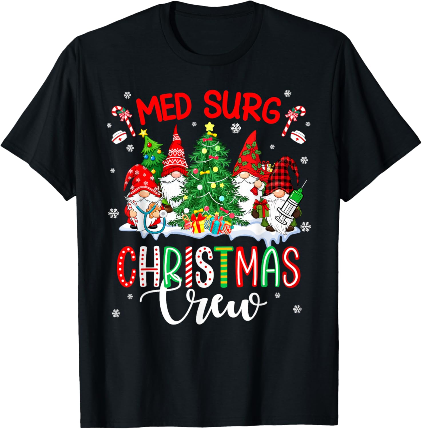 Med Surg Christmas Crew Group Gnomes Decorating Xmas Tree T-Shirt - T-Shirt | Black