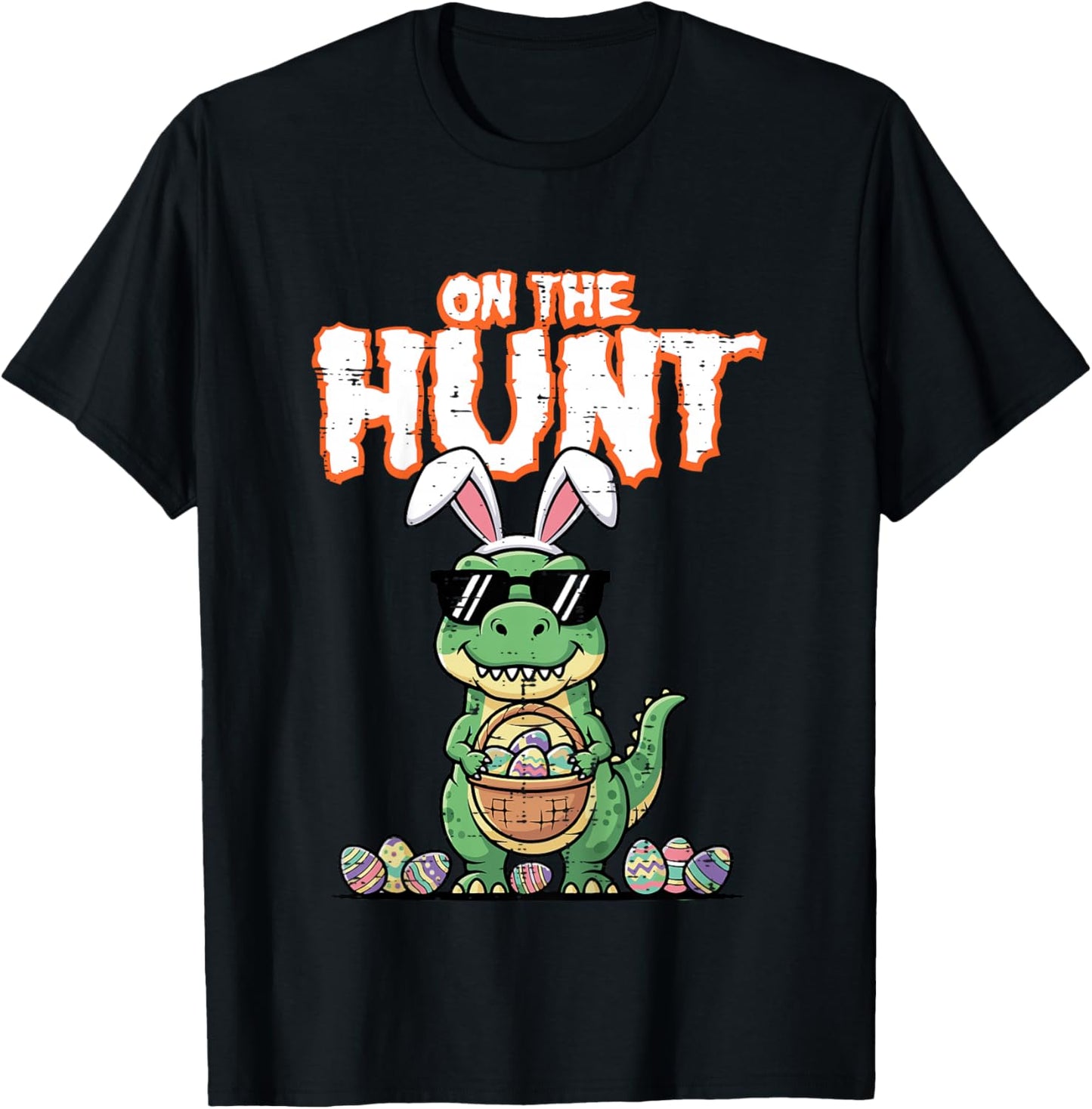 Kids Easter Dino On The Hunt Trex Egg Hunting Boys Kids Toddler T-Shirt - T-Shirt | Black