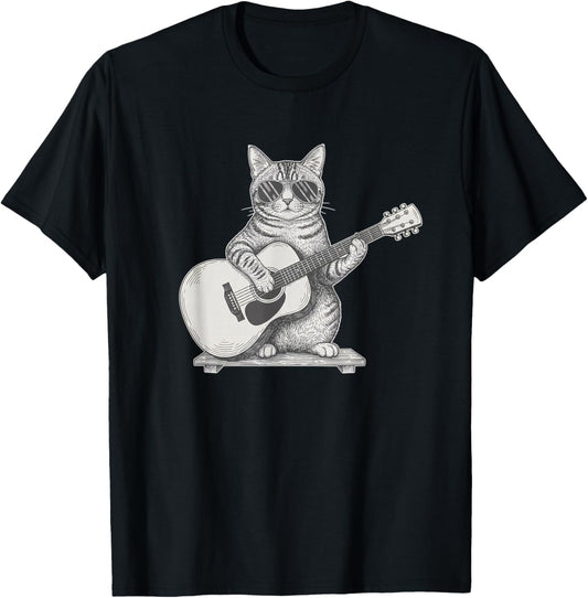Tabby Cat Playing Acoustic Guitar Cool Sunglasses Musician T-Shirt - T-Shirt | Black