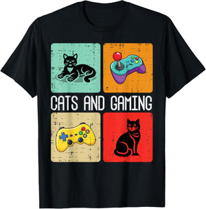 Cats and Gaming Retro Video Gamer Player Men Boys Kids Women T-Shirt - T-Shirt | Black