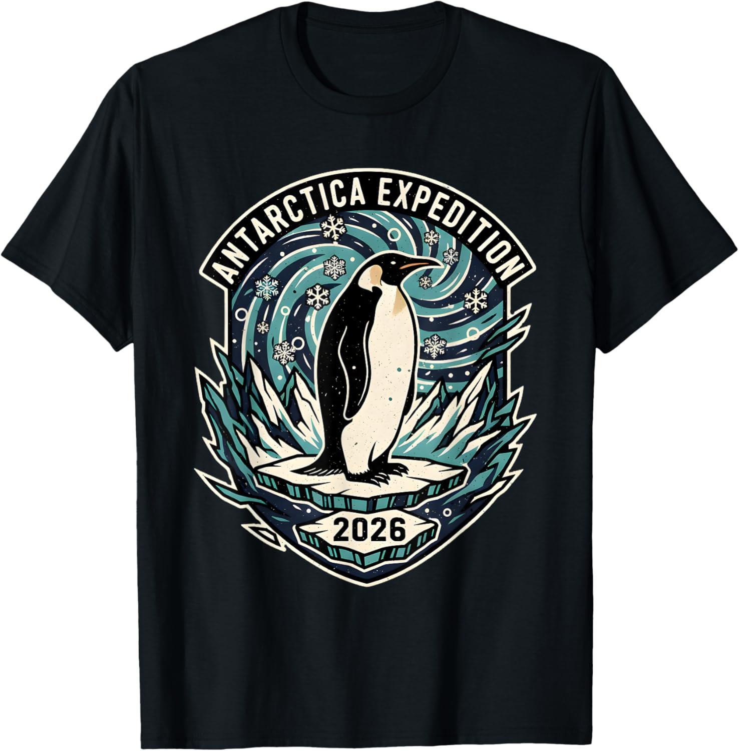 Antarctica Expedition 2026 Retro Souvenir Penguin Woodcut T-Shirt - T-Shirt | Black
