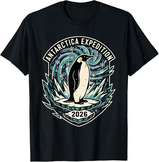 Antarctica Expedition 2026 Retro Souvenir Penguin Woodcut T-Shirt - T-Shirt | Black