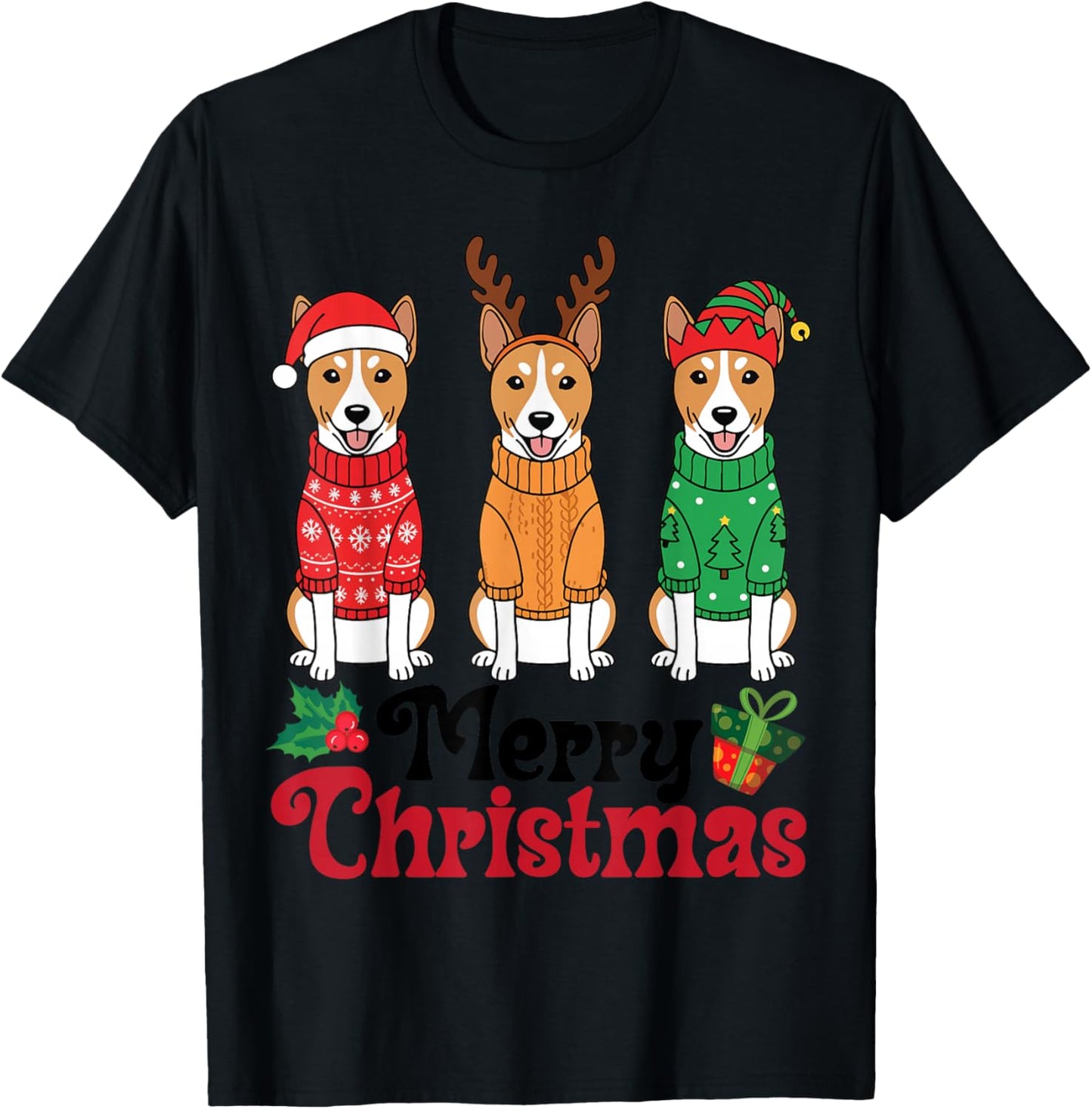 Basenji Dogs in Sweaters Santa Reindeer Elf Merry Christmas T-Shirt - T-Shirt | Black