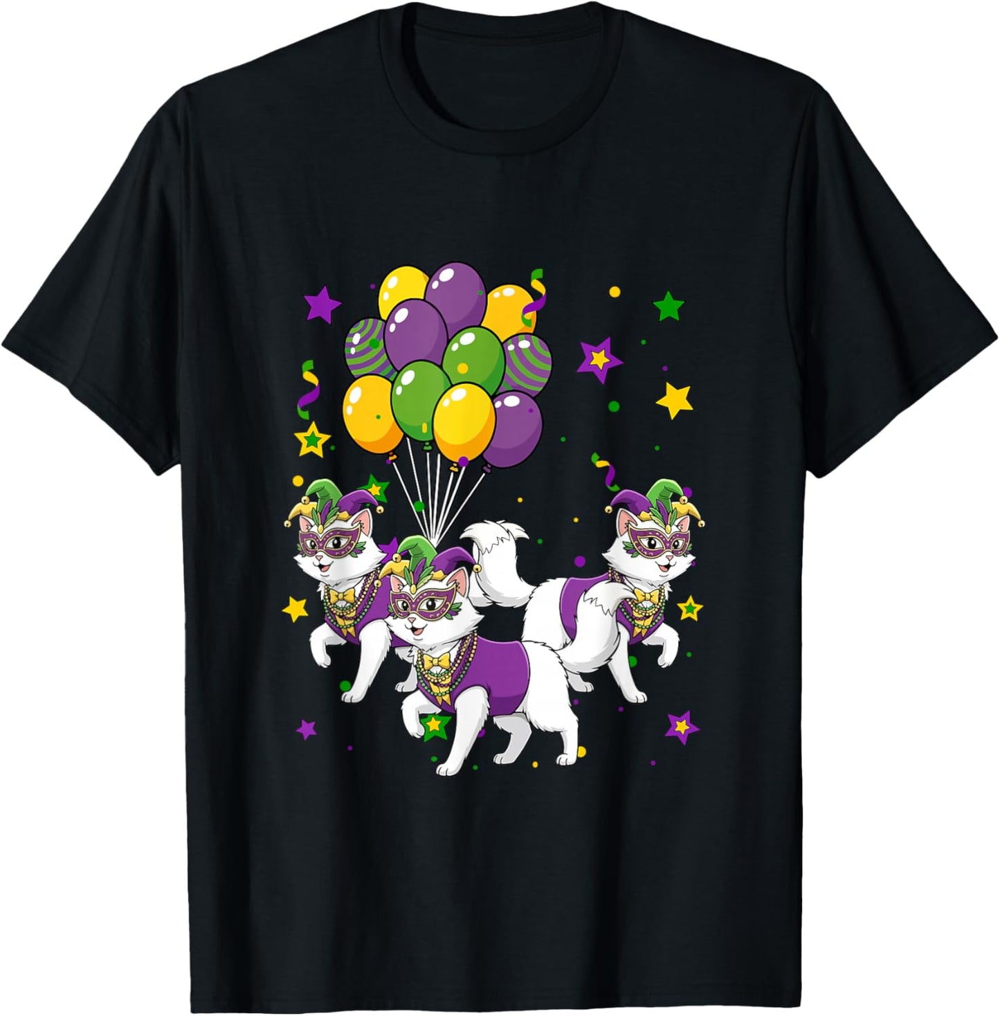 Three Cute Cats Masked Jester Hat Mardi Gras Parades T-Shirt - T-Shirt | Black