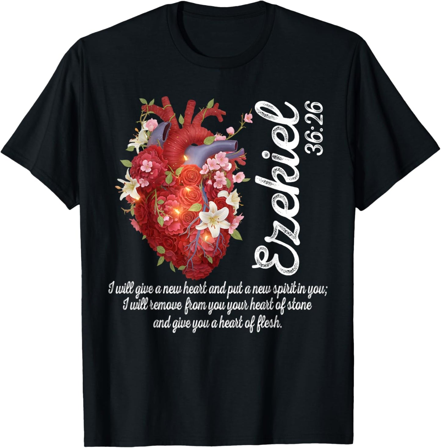 Floral Heart Ezekiel 36:26 Heart of Flesh Christian Women T-Shirt - T-Shirt | Black