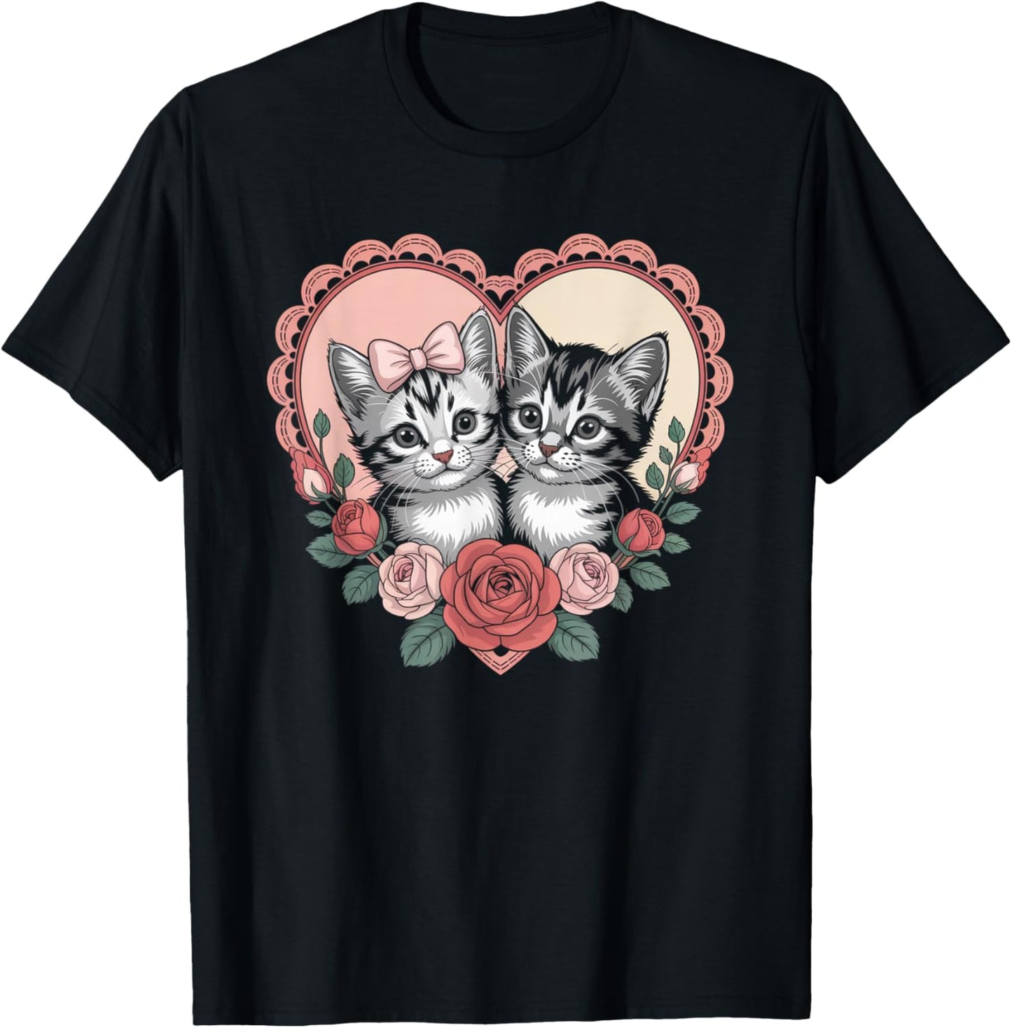 Cute Kittens in Heart with Roses Romantic Cat T-Shirt - T-Shirt | Black
