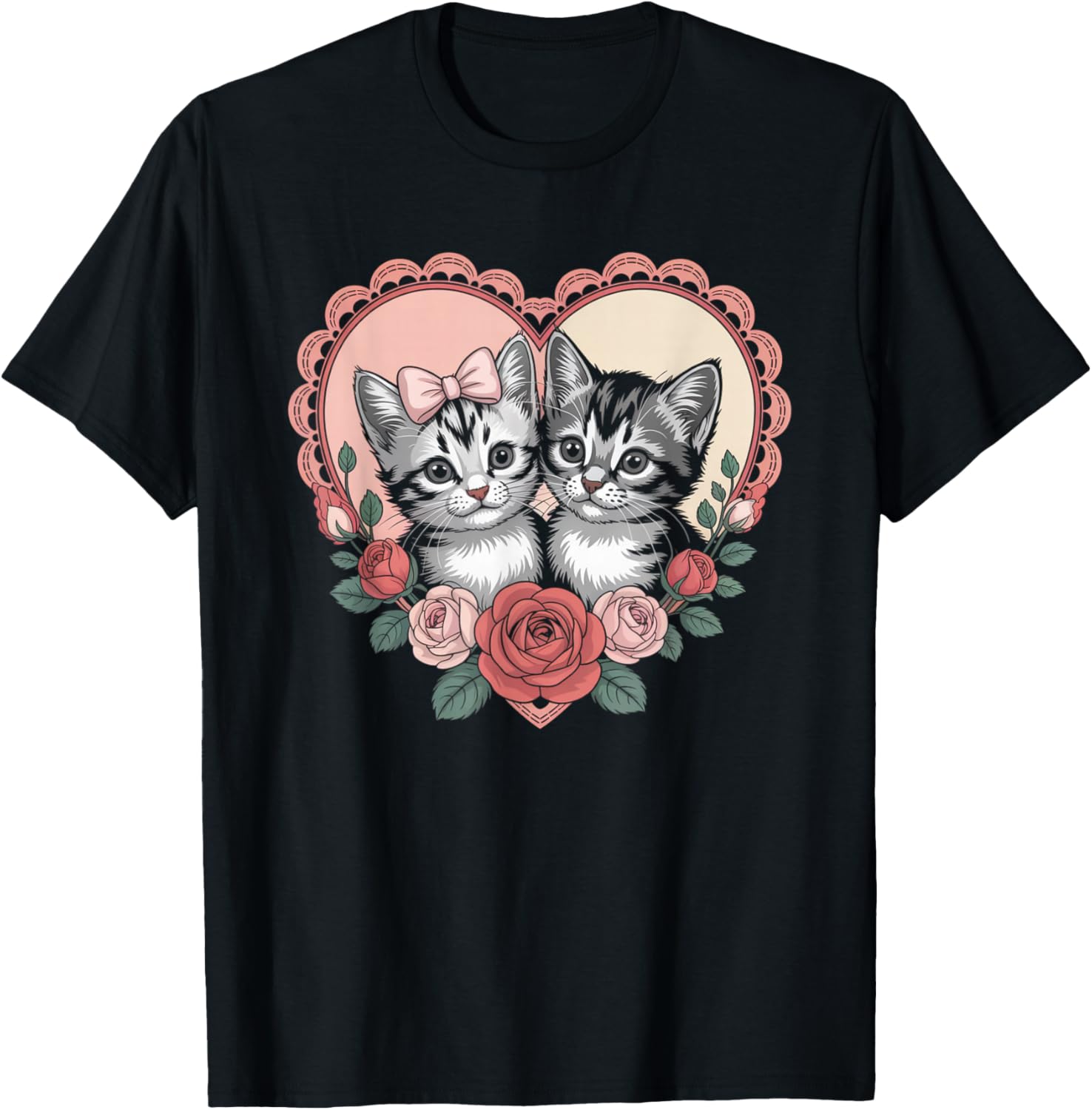 Cute Kittens in Heart with Roses Romantic Cat T-Shirt - T-Shirt | Black