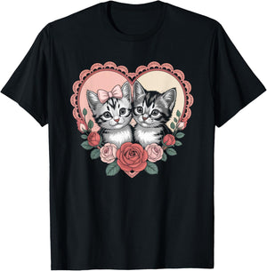 Cute Kittens in Heart with Roses Romantic Cat T-Shirt - T-Shirt | Black