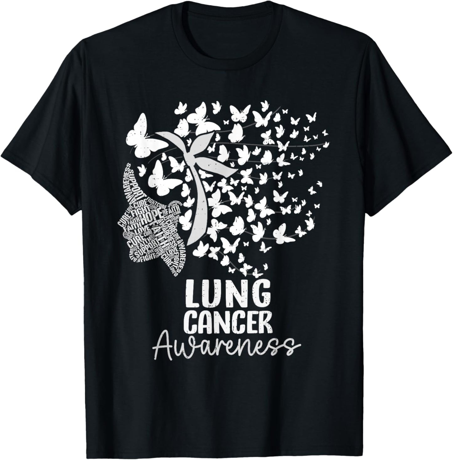 Lung Cancer Awareness Butterfly White Ribbon Support T-Shirt - T-Shirt | Black
