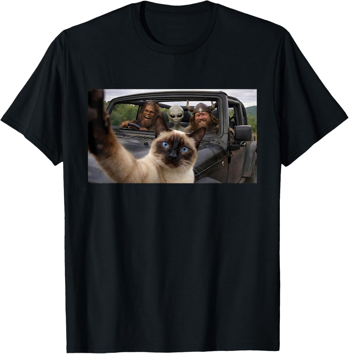 SUV Road Trip Siamese Cat Selfie with Alien Bigfoot Viking T-Shirt - T-Shirt | Black
