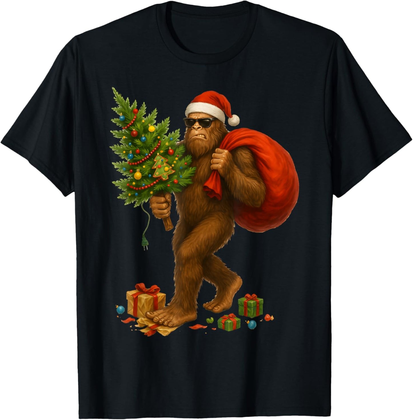 Angry Bigfoot Santa Christmas Tree Lights Xmas Men Sasquax T-Shirt - T-Shirt | Black