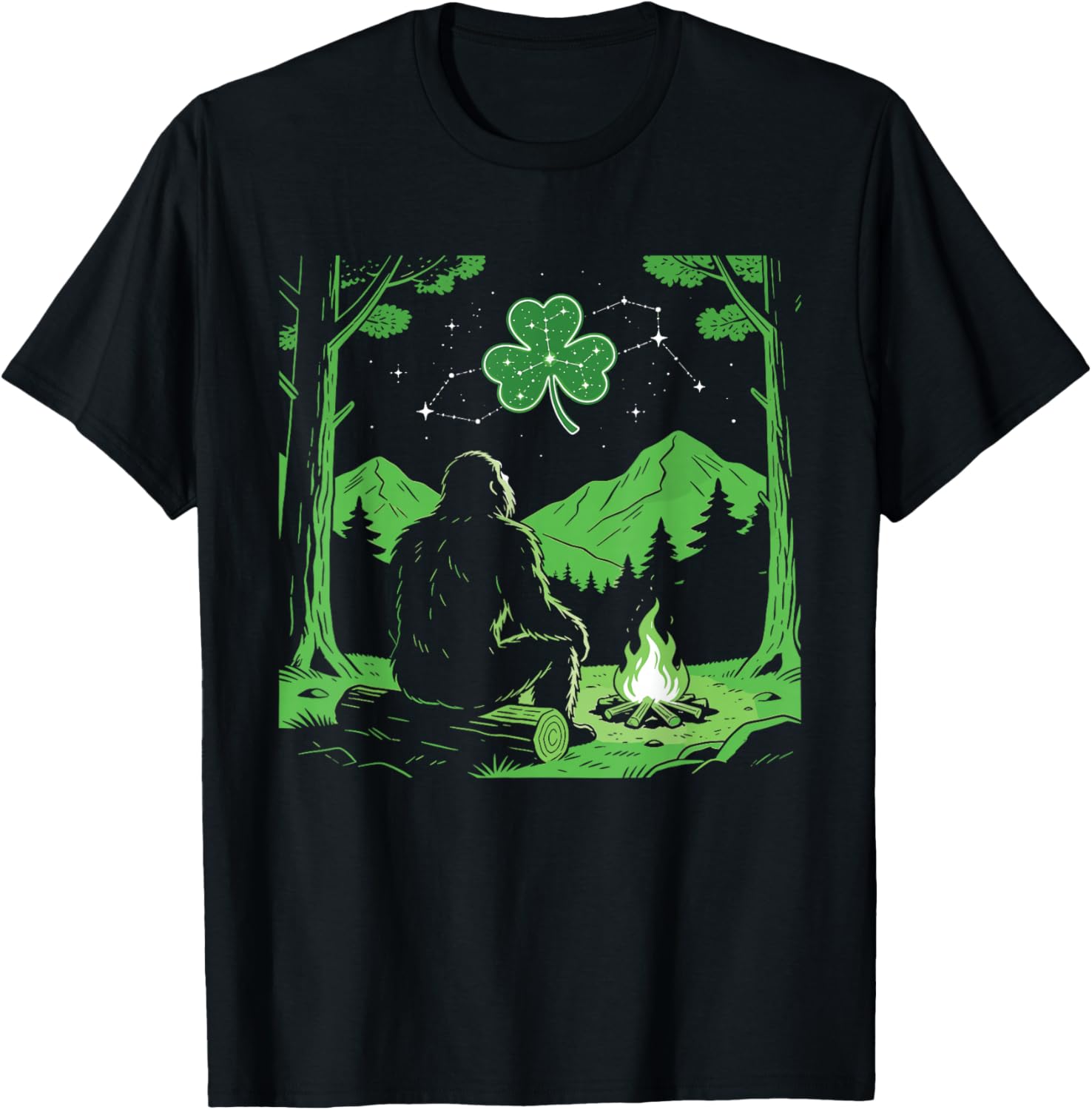 St Patricks Day Bigfoot Sasquatch Shamrock Firecamp T-Shirt - T-Shirt | Black
