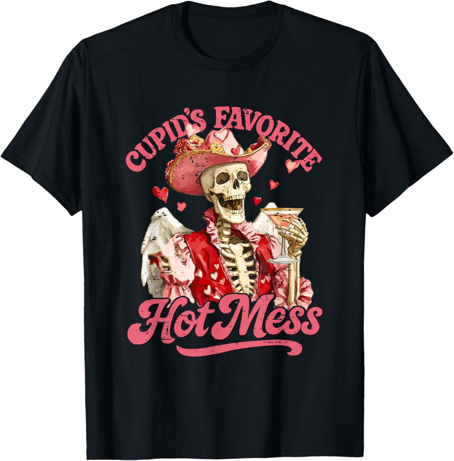 Retro Cupid's Favorite Hot Mess Funny Skeleton Valentine T-Shirt - T-Shirt | Black
